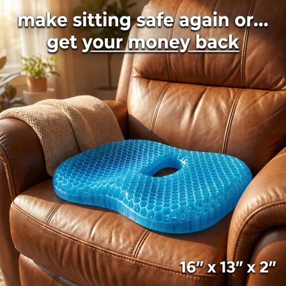 MediGel blue honeycomb gel seat cushion with a tailbone cutout, sitting on a brown leather recliner